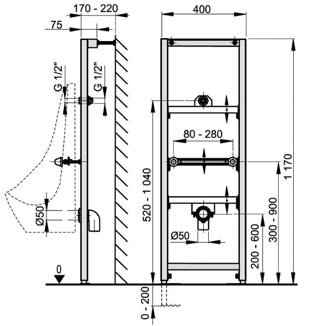 Структура за вграждане Alcaplast A107/1200 за писоар (1)